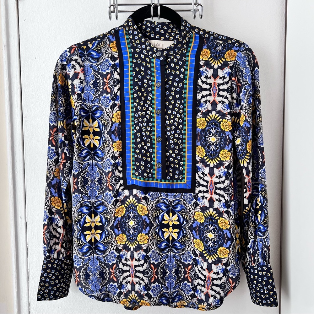 Ann Taylor Loft Autumn Dream Henley Blouse in Forever Navy Size XXS Petites.NWOT